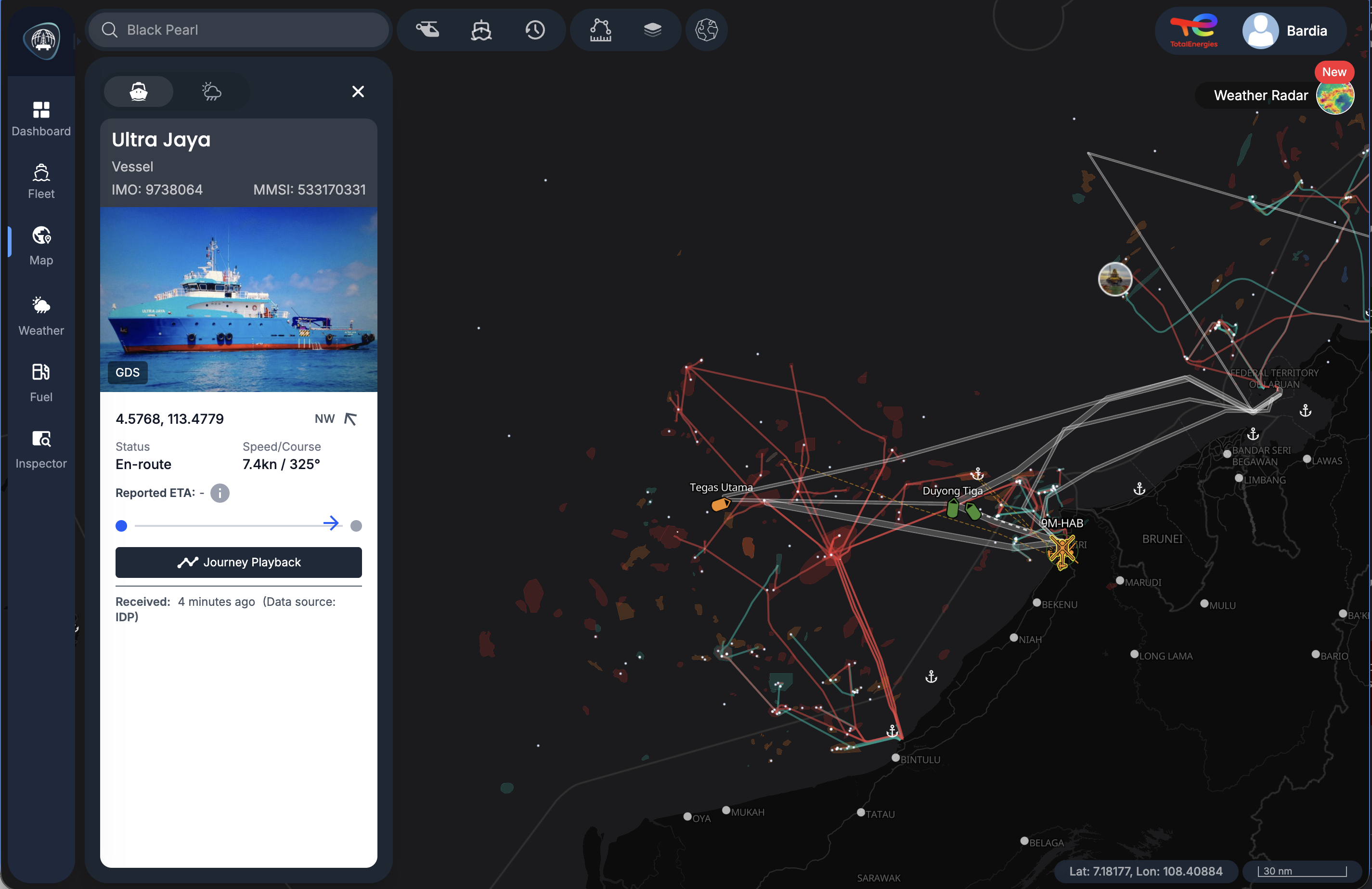 FIS fleet tracking interface showing live vessel positions and details