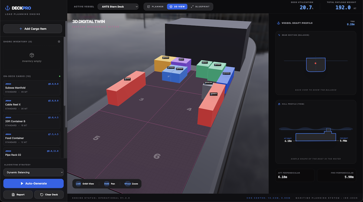 3D digital twin view of cargo placed on vessel backdeck