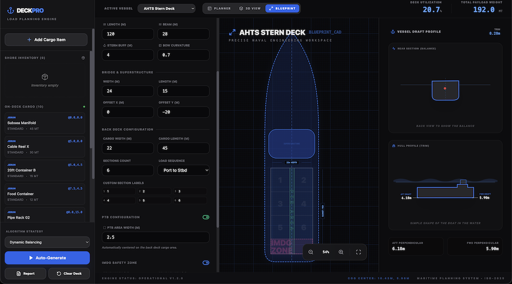 Vessel blueprint view showing deck specifications and draft profile