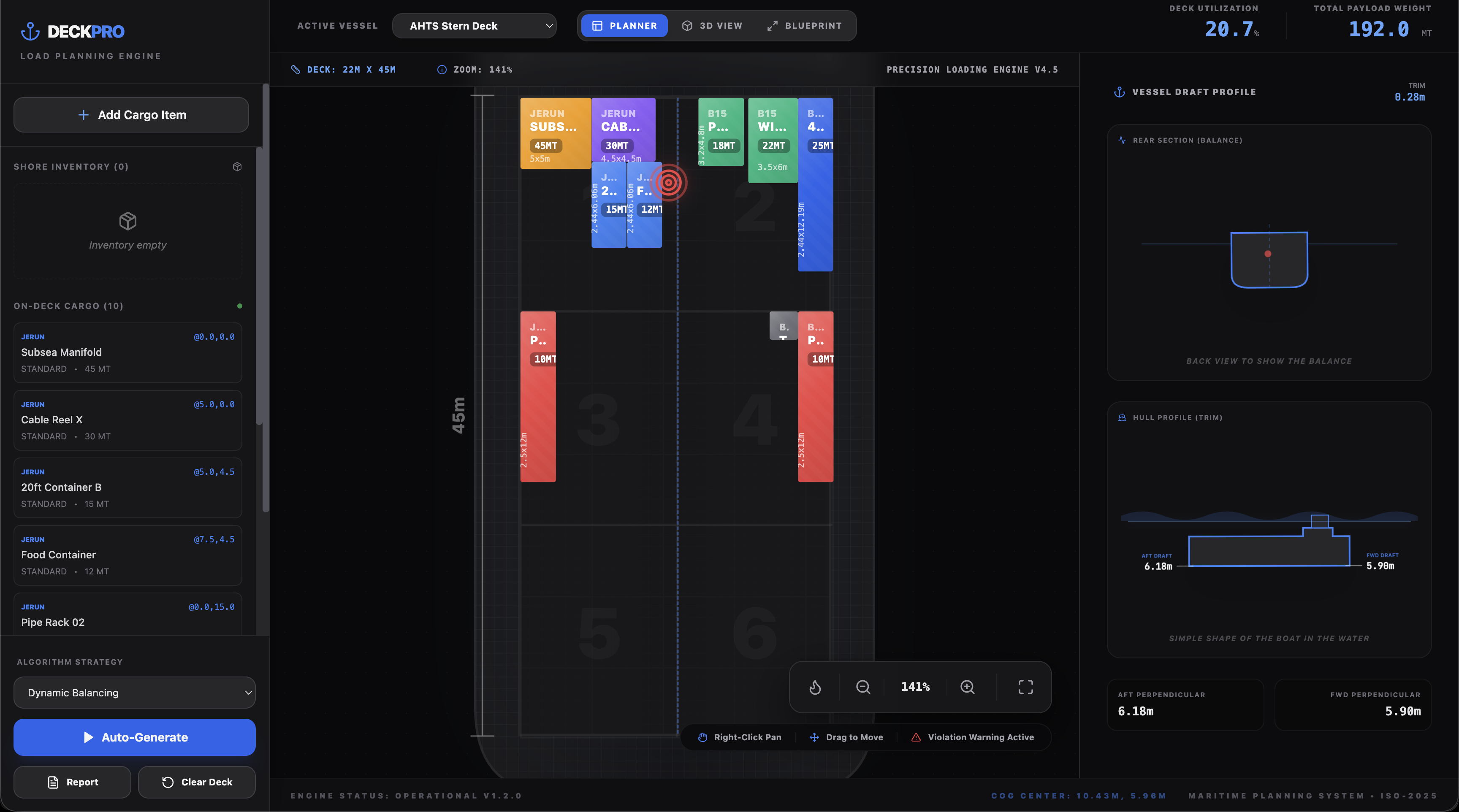 Deck Pro planner view with cargo items placed on vessel deck grid