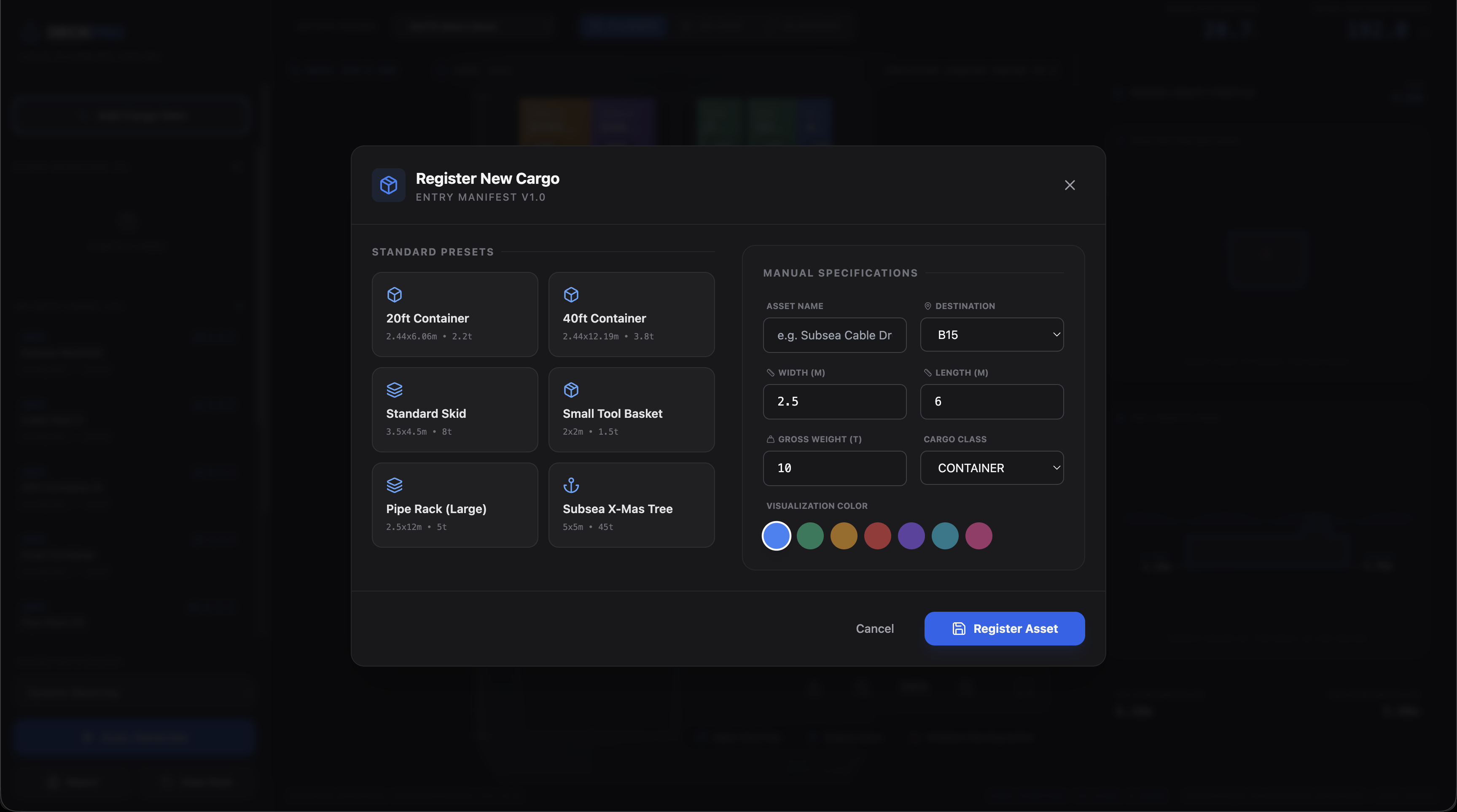 Register new cargo dialog with standard presets and manual specifications