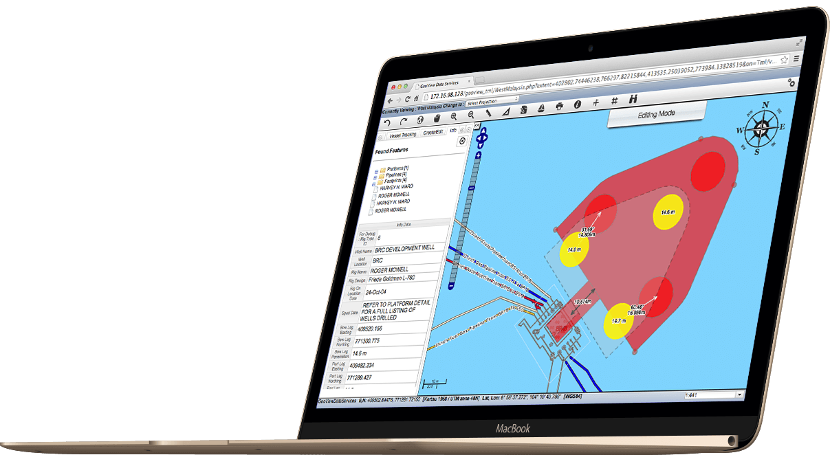 SAS rig handling view showing positioning analysis and safety zones