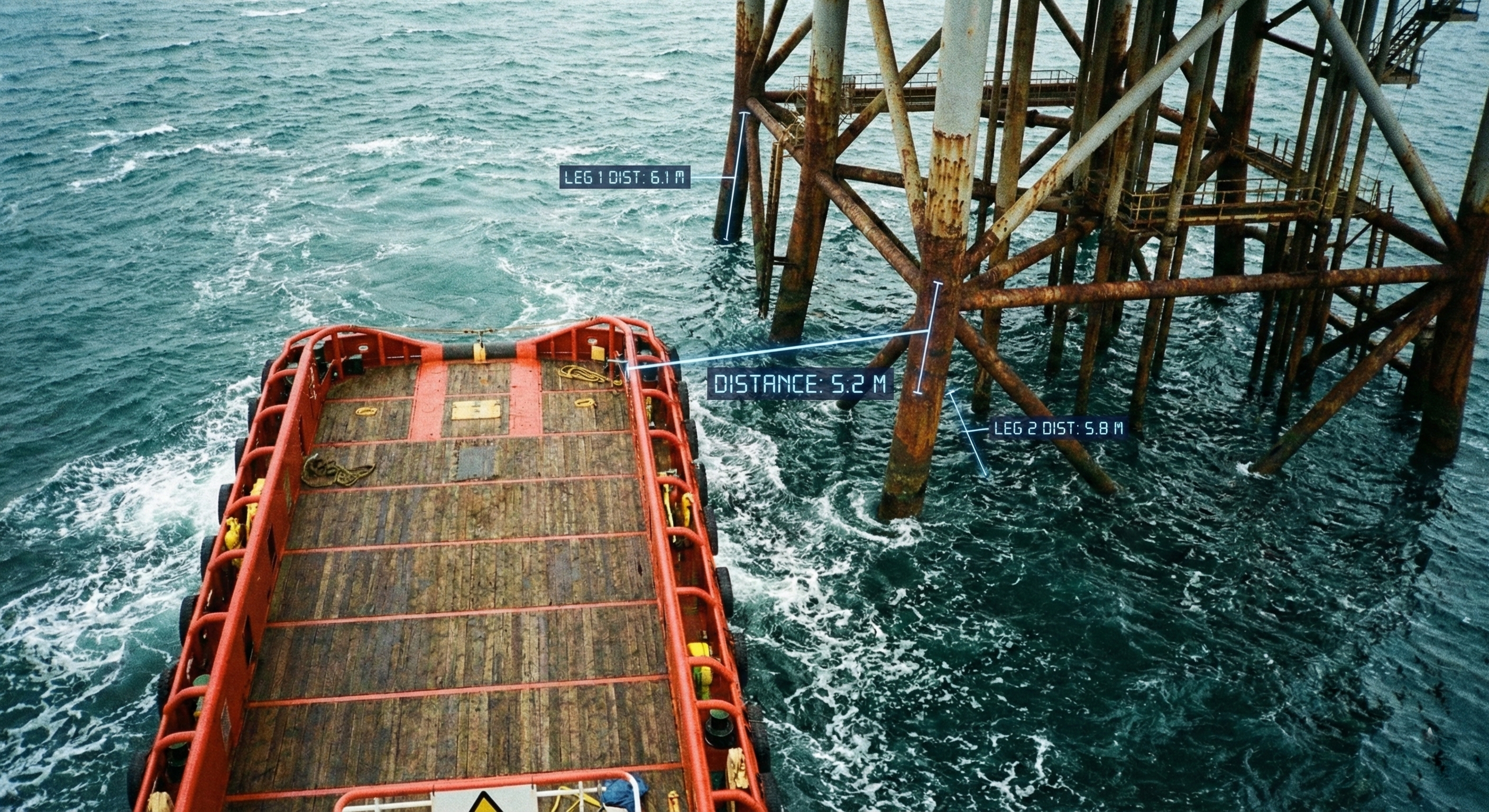 Aerial view of vessel near offshore platform with distance measurements between vessel deck and platform legs