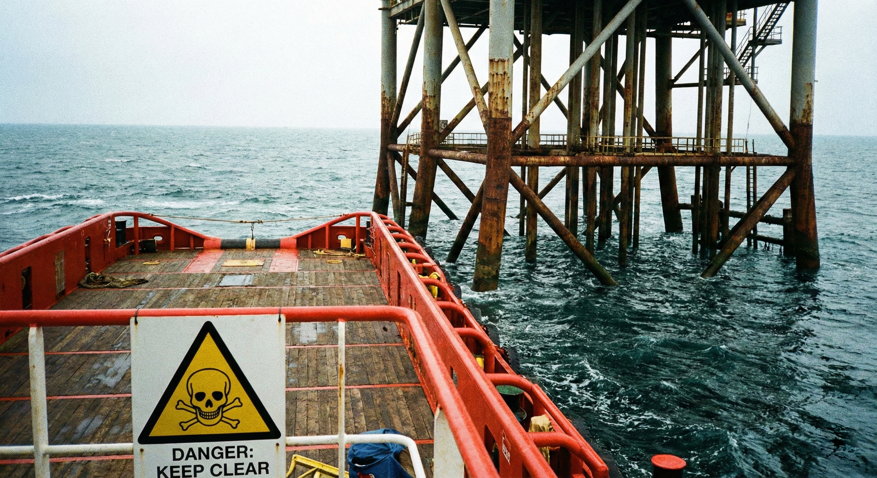 Vessel deck view alongside offshore platform structure with danger warning sign