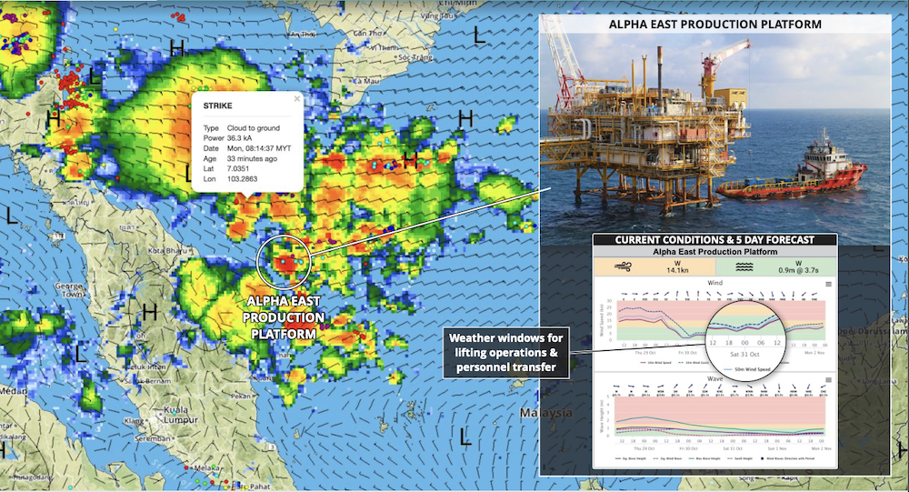 Weather radar overlay showing storm systems near offshore platform